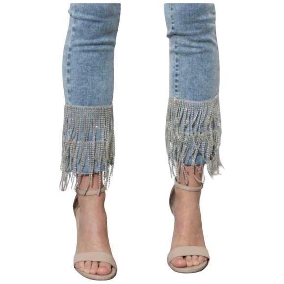 NWT Y2K Blue B High Waisted Rhinestone Fringe Cuff Skinny Jeans Sz S - Picture 4 of 5